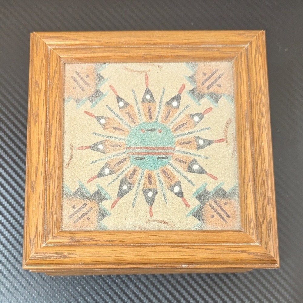 Vintagy Navajo Sand Art Wooden Trinket Box Sunburst Design Signed Fred Hayes
